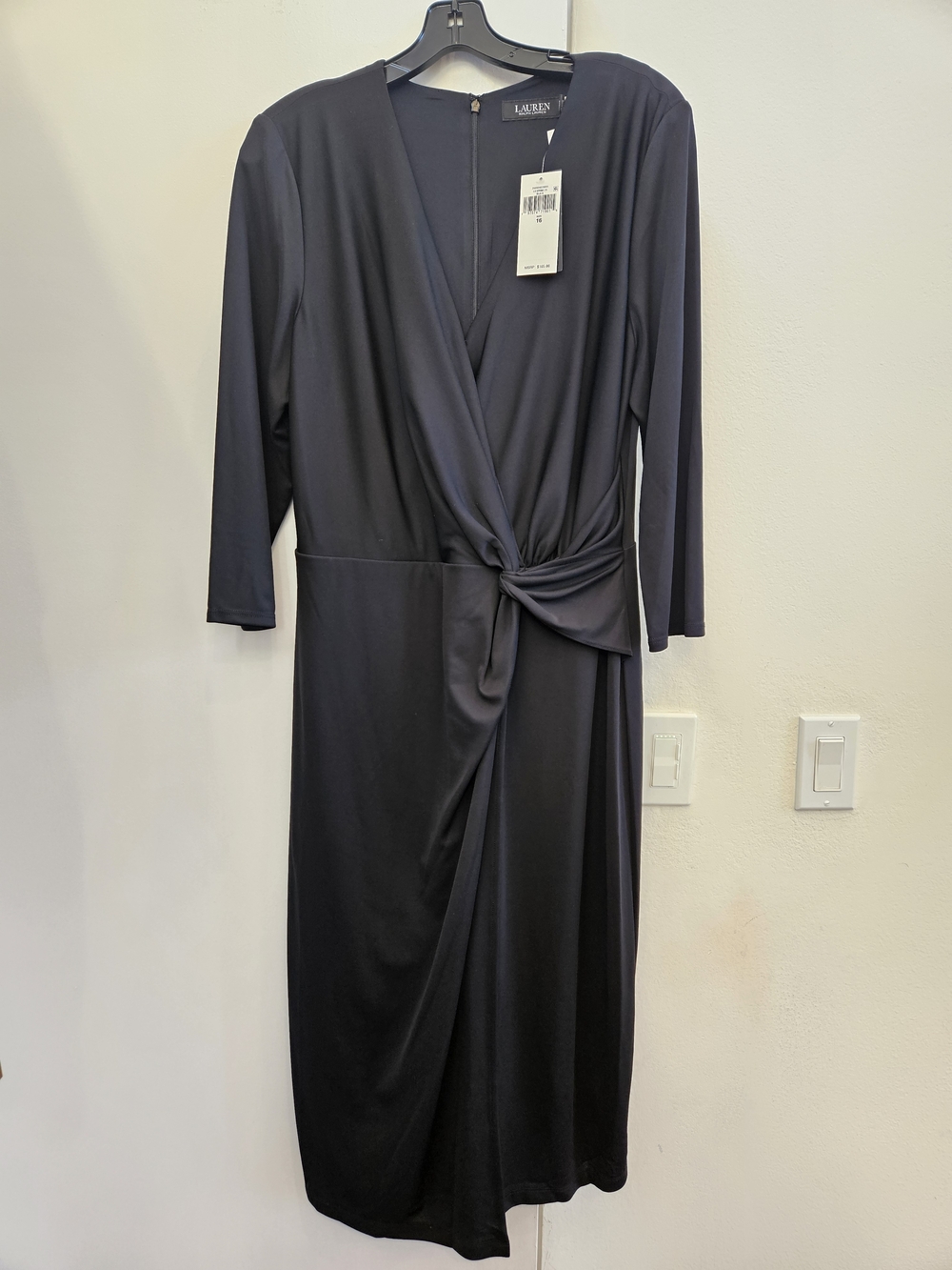 Lauren Ralph Lauren Black Faux-Wrap Midi Dress with Side Knot